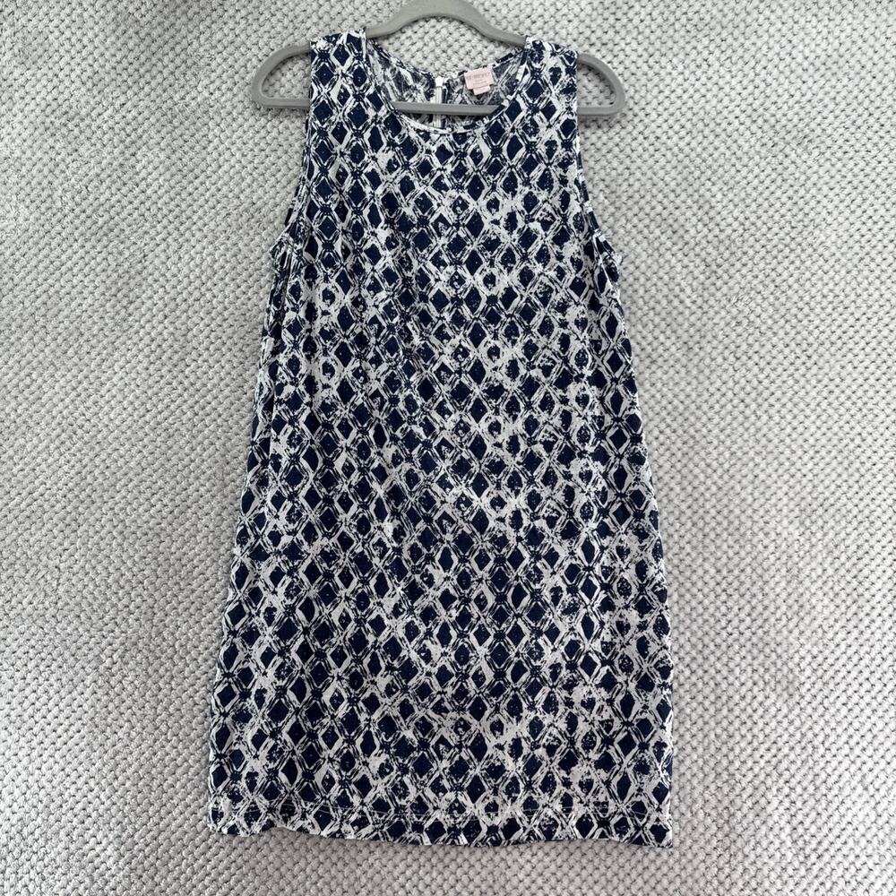 ST Tropez Dress Womens 8 Linen Blue Abstract Crew Neck Over the Knee Sleeveless